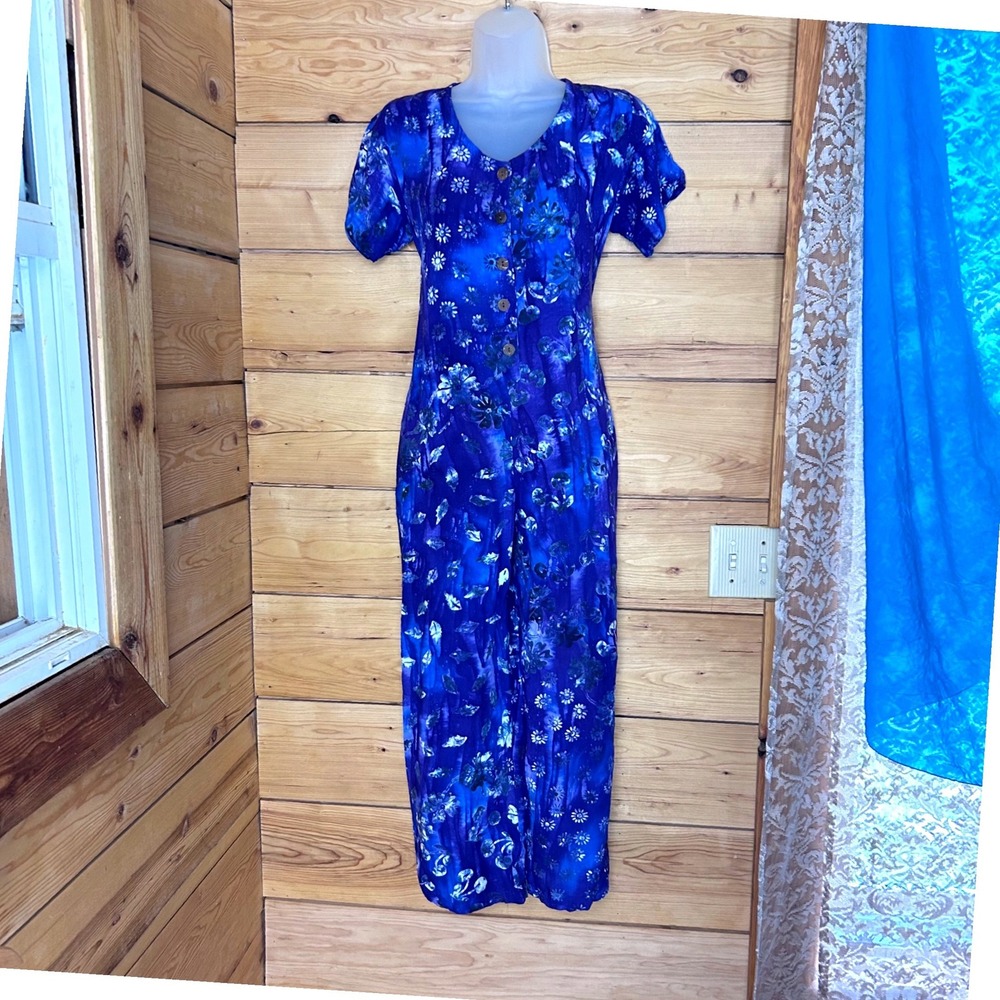 Vintage Batik Jumpsuit Women Small Blue Palazzo Wide Leg Rayon Mountain Pass